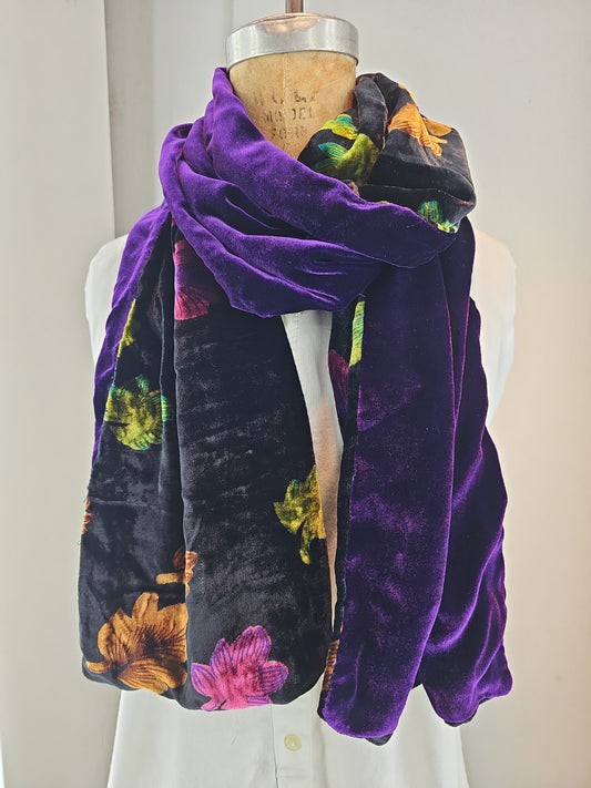 Silk Velvet Scarf – Autumn Leaf Pattern with Royal Purple Back (