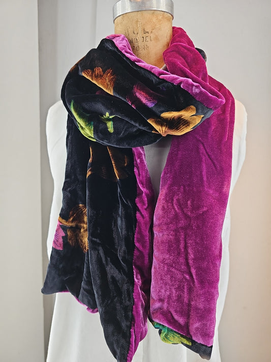 Silk Velvet Scarf – Autumn Leaf Pattern with Fuchsia Back