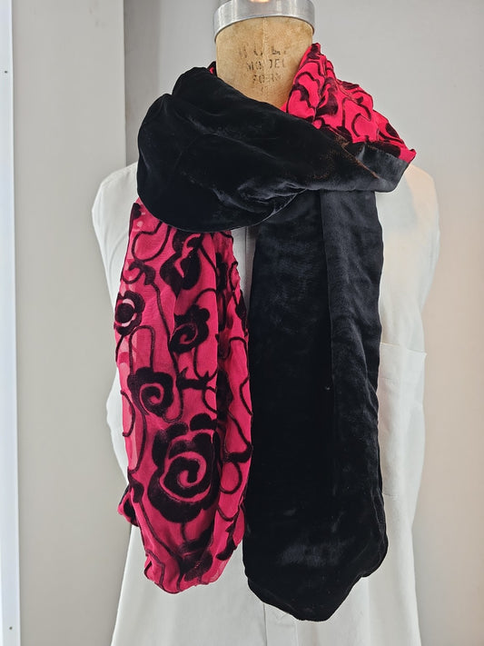 Silk Burnout Velvet Scarf – Rose Swirl Red with Black Velvet Back