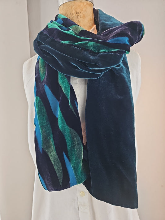 Silk Velvet Scarf – Deep Ocean Waves back with teal