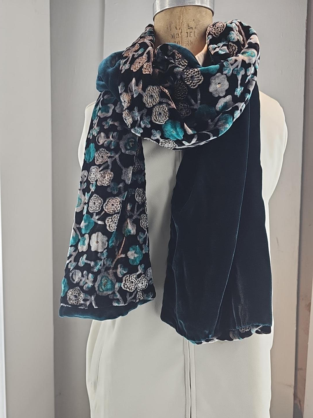 Teal and Silver Floral Scarf with a Deep Teal Back