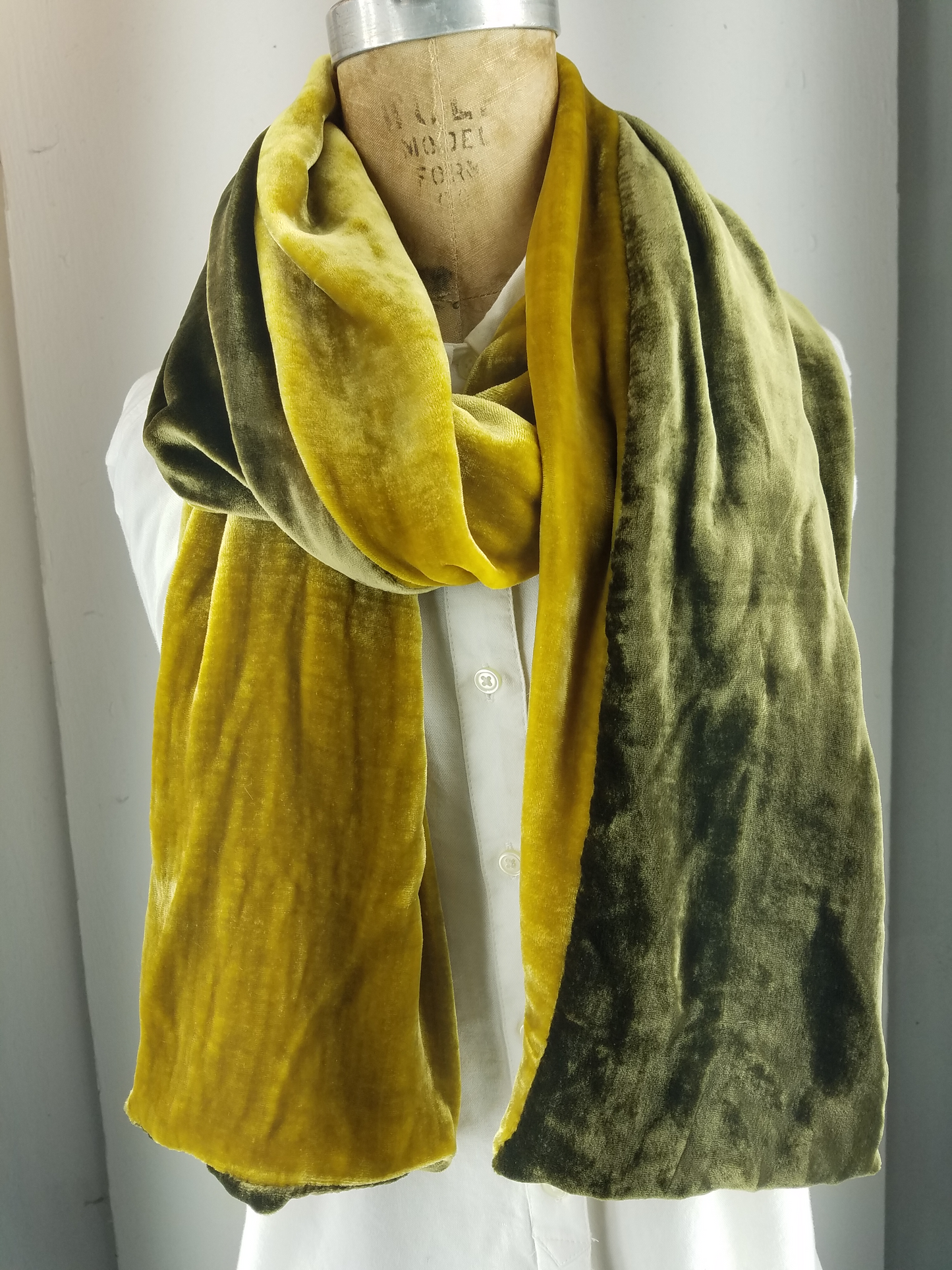 Two Tone silk velvet scarf Gold and Olive