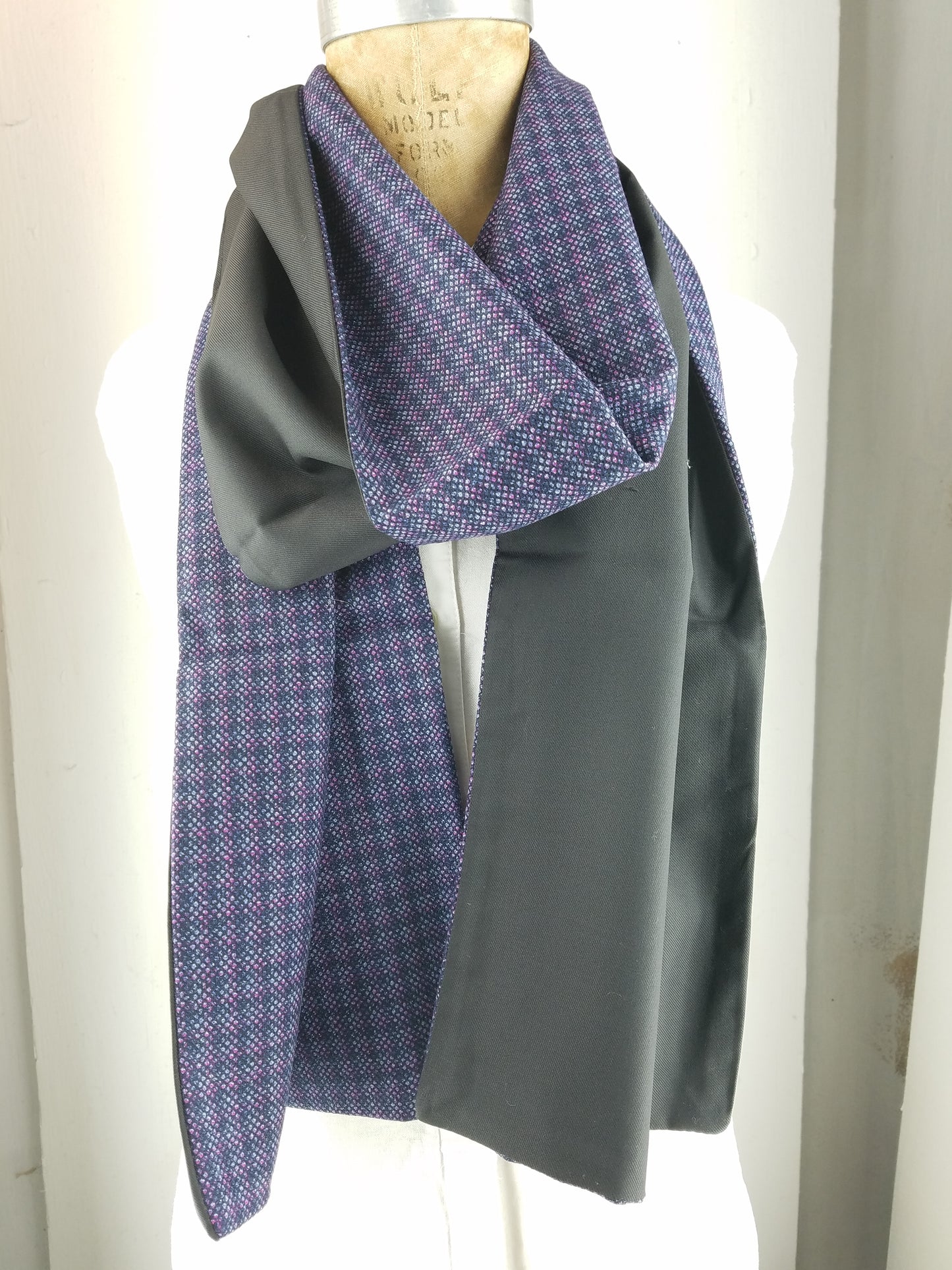 Blue purple and pink wool Tweed with a silk and wool black backing