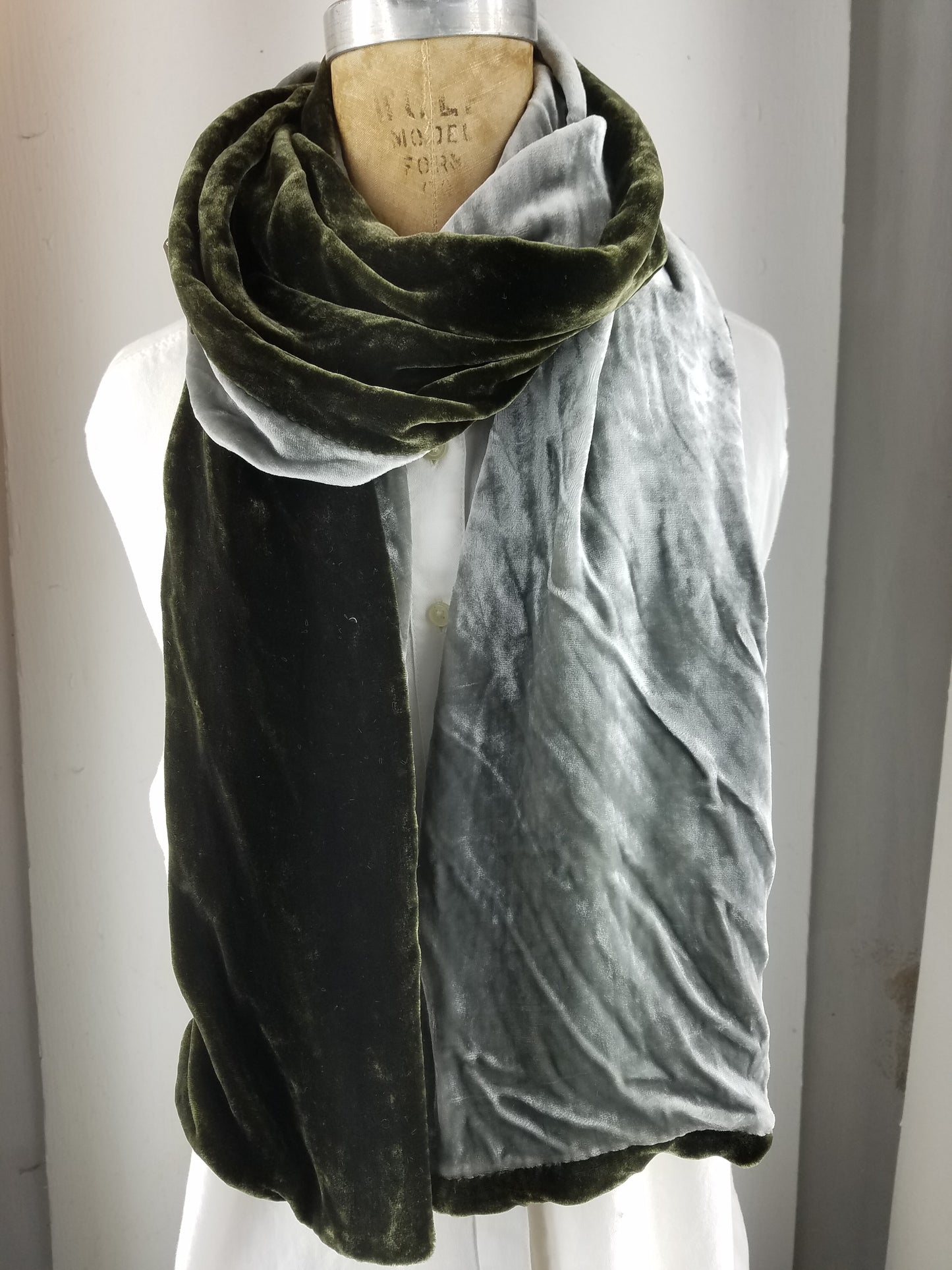 Olive and Silver two-tone silk velvet scarf
