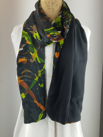 Silk Scarf Black, Green and Orange Waves with a Black Back