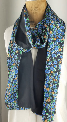 Silk Scarf with Mini Blue Flowers with Green Leaves with a Silk Black Back