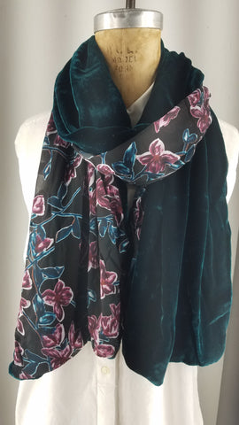 Soap bubble scarf with teal Vines and Plum flowers with a teal silk back