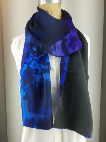 Silk Scarf Blue lght blue and Purple wave Back with black