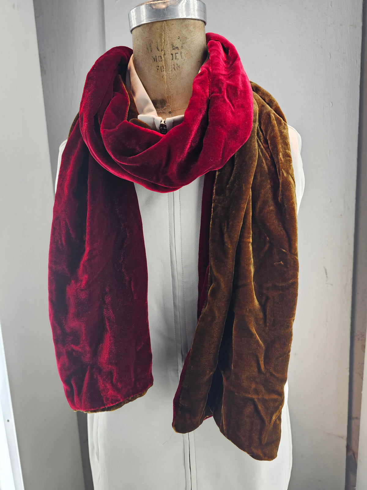 Passion Red and Light Chocolate Two-Tone Silk Velvet Scarf