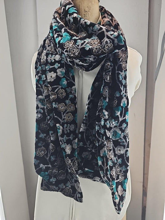 Teal and Silver Floral Scarf