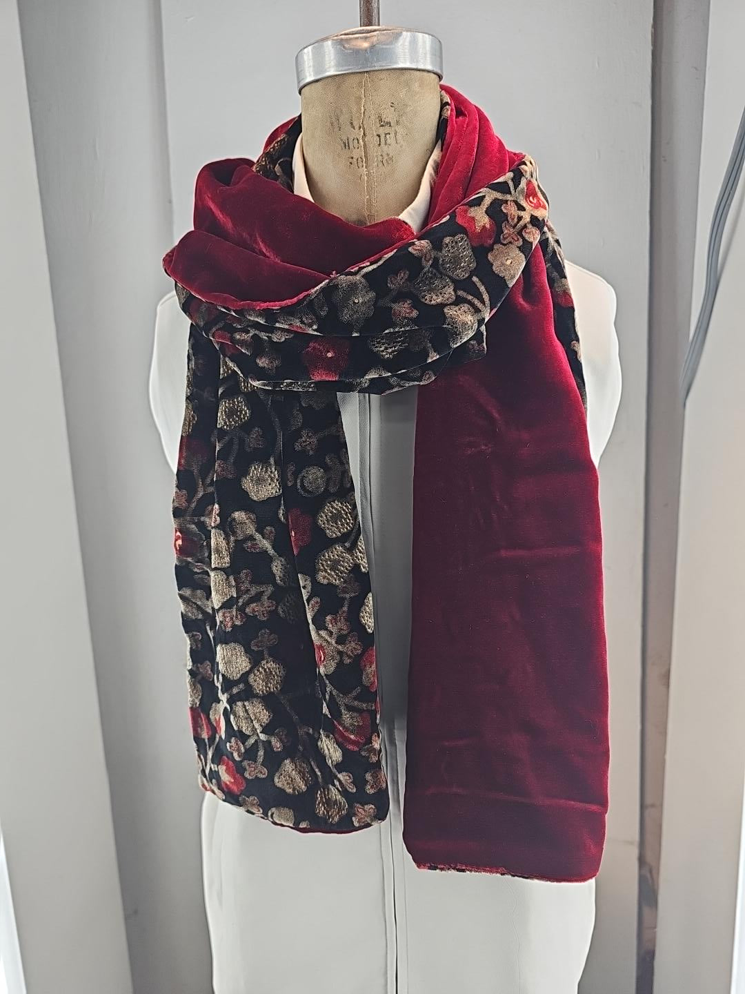 Red and Gold Floral Scarf with a Deep Red Velvet Back