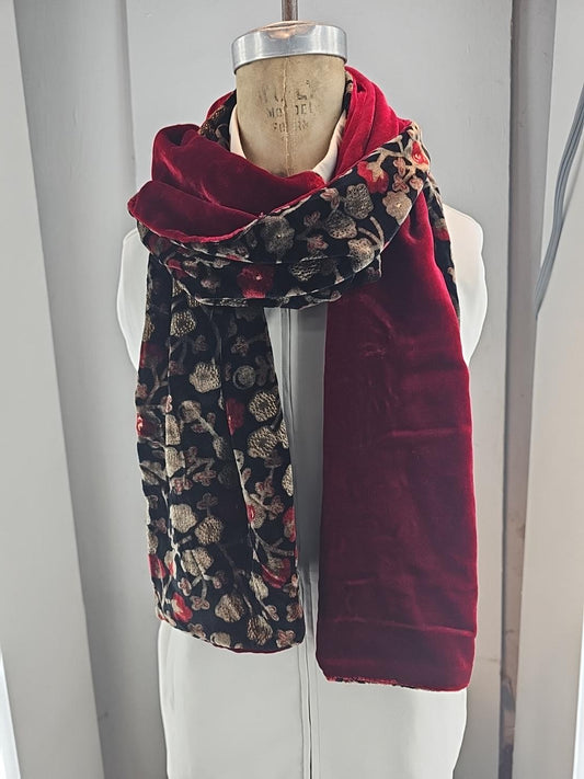 Red and Gold Floral Scarf with a Deep Red Velvet Back