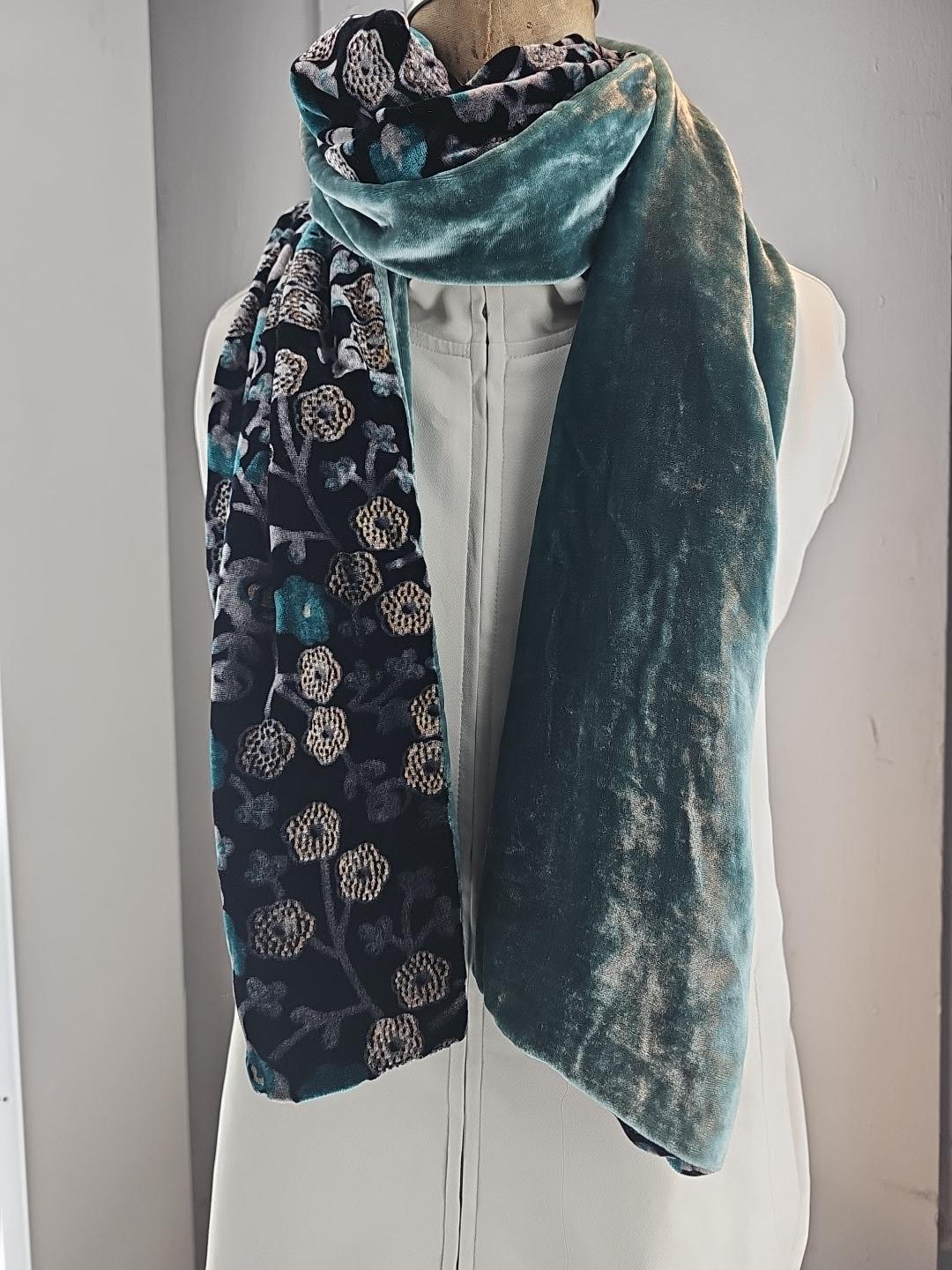 Teal and Silver Floral Scarf with Cedar