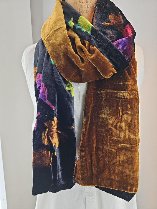 Silk Velvet Scarf – Autumn Leaf Pattern with Golden Brown Back