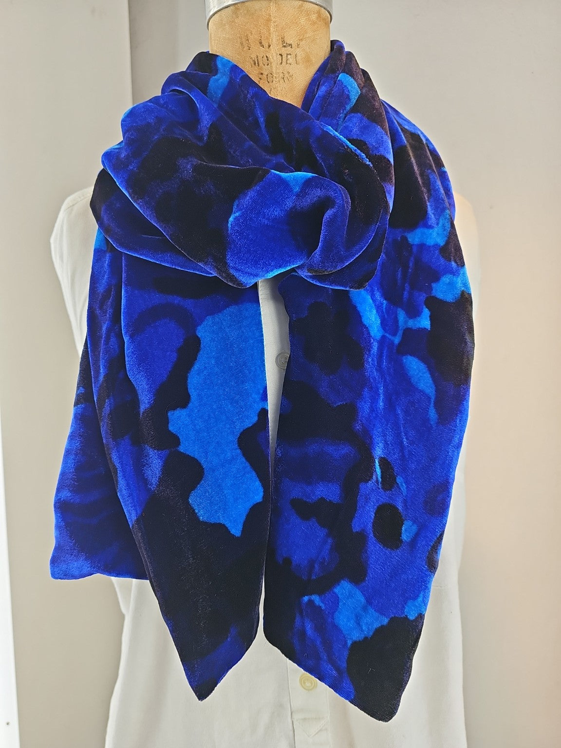 Silk Velvet Scarf – Deep Ocean Blue Abstract