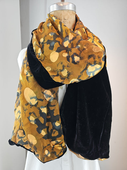 Silk Burnout Velvet Scarf – Autumn Pebble with Midnight Black Velvet Back