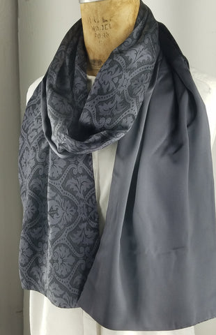 Black and Grey fleur-de-lis Pattern Silk scarf with Charcoal back