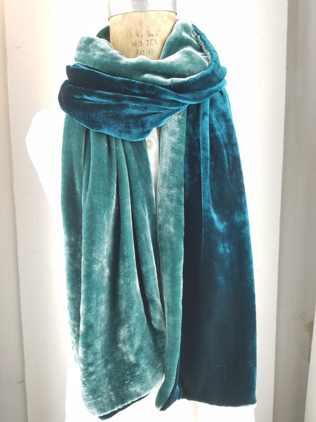 Teal and Cedar two-tone velvet silk scarf