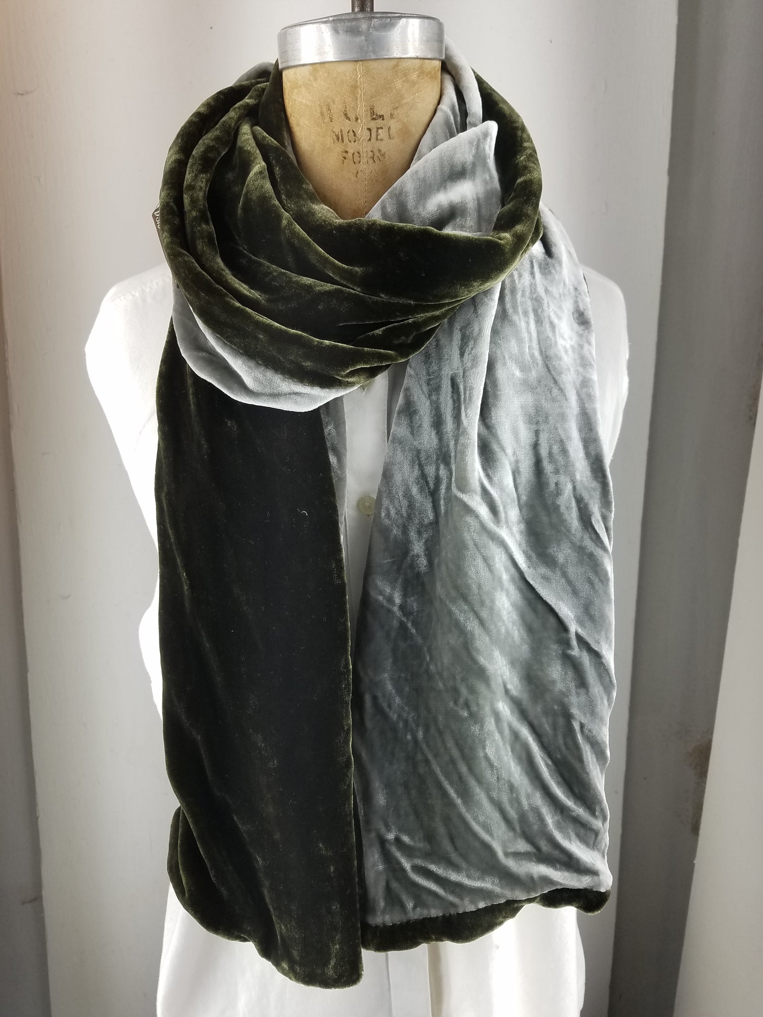 Olive and Silver two-tone silk velvet scarf