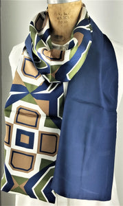 Silk Green, Navy, and Brown Art Deco Pattern Scarf with a Navy Blue Back