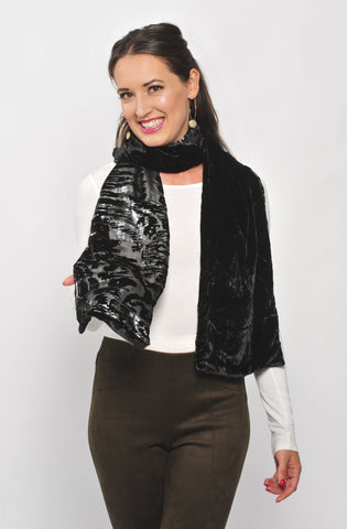 Metallic Silver and Black Scarf with Silk Velvet Back