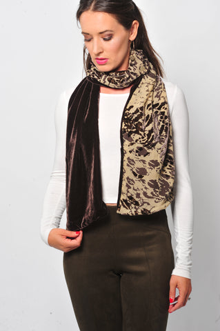 Vintage silk velvet scarf with beige and brown bouquet flowers with dark brown silk velvet back