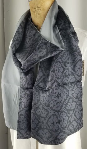 Black and Gray Fleur de Lis Pattern silk Scarf with Silver Back