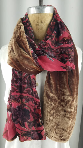 Vintage silk velvet cut out with Brown and red accents with a light chocolate back