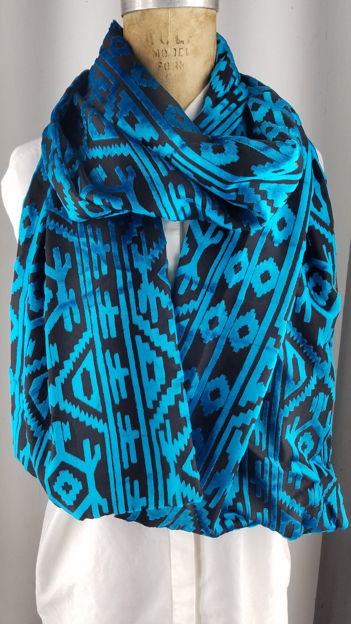Cut silk velvet tribal print teal blue geometric patterns back to back