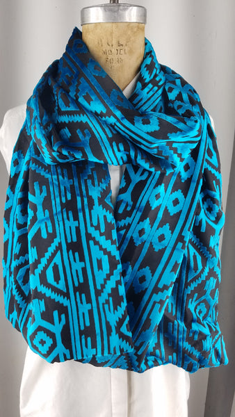 Cut silk velvet tribal print teal blue geometric patterns back to back