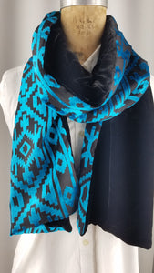 Cut silk velvet tribal print teal blue geometric patterns with back Black.silk velvet