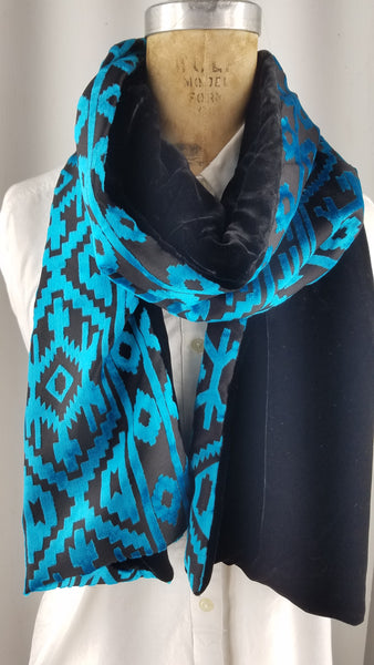 Cut silk velvet tribal print teal blue geometric patterns with back Black.silk velvet
