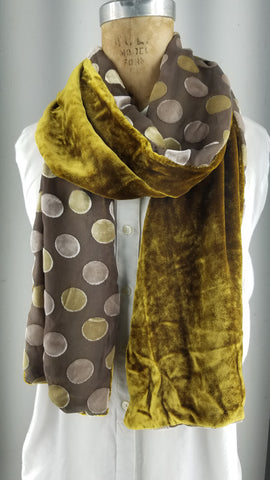 Cut silk velvet with gold and tan polka dots backed with kwki black