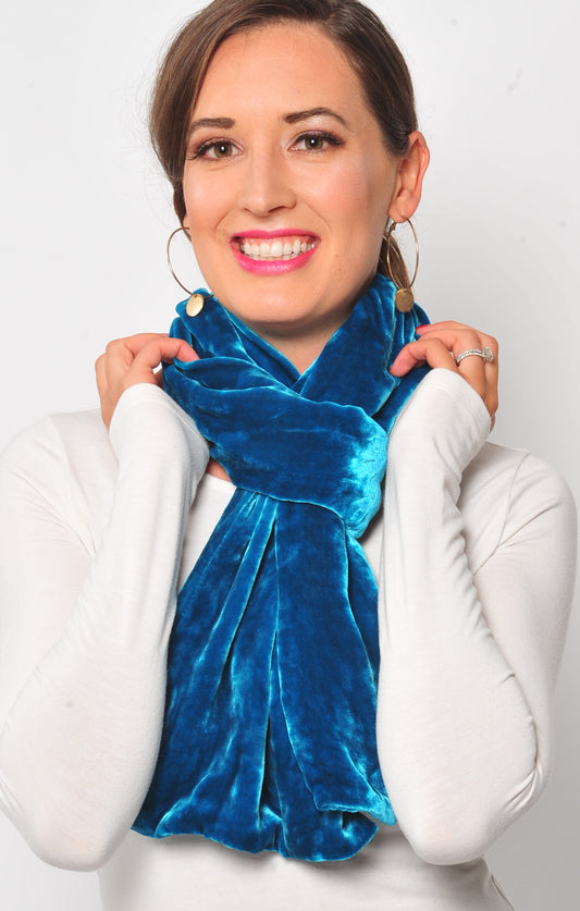 Solid Teal Blue Silk Velvet Scarf