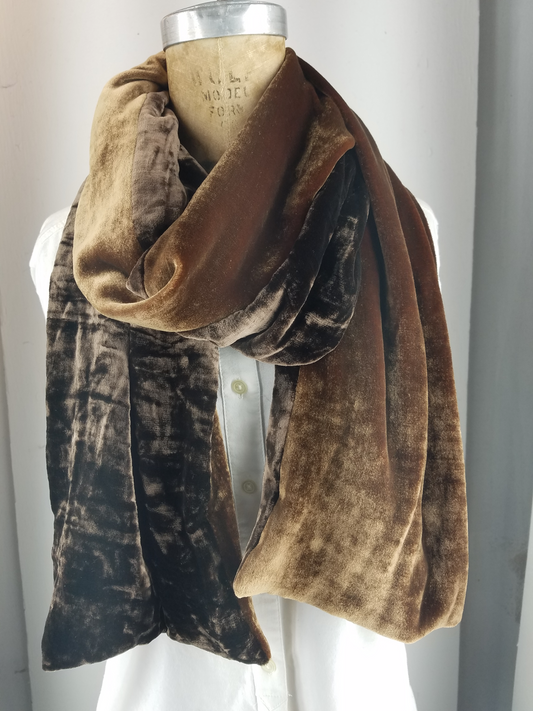 Two tone silk velvet scarf light brown and dark chocolate